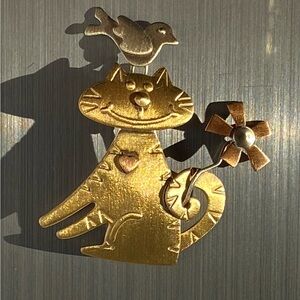 Cat Bird Figure Tri-tone Artisan Brooch Pin